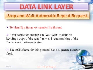  To identify a frame we number the frames.

  Error correction in Stop-and-Wait ARQ is done by
 keeping a copy of the sent frame and retransmitting of the
 frame when the timer expires.

  The ACK frame for this protocol has a sequence number
 field.



2013-4-6                 www.i-world-tech.blogspot.in         100
 