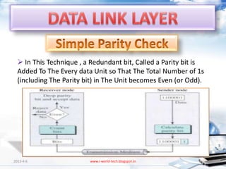  In This Technique , a Redundant bit, Called a Parity bit is
  Added To The Every data Unit so That The Total Number of 1s
  (including The Parity bit) in The Unit becomes Even (or Odd).




2013-4-6                 www.i-world-tech.blogspot.in             11
 
