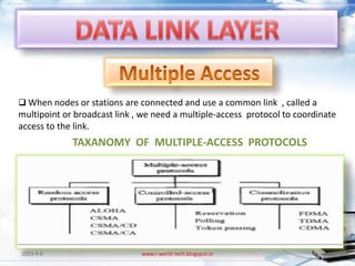  When nodes or stations are connected and use a common link , called a
multipoint or broadcast link , we need a multiple-access protocol to coordinate
access to the link.
             TAXANOMY OF MULTIPLE-ACCESS PROTOCOLS




2013-4-6                      www.i-world-tech.blogspot.in                  40
 