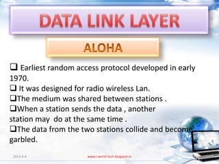  Earliest random access protocol developed in early
1970.
 It was designed for radio wireless Lan.
The medium was shared between stations .
When a station sends the data , another
station may do at the same time .
The data from the two stations collide and become
garbled.
 2013-4-6            www.i-world-tech.blogspot.in      42
 