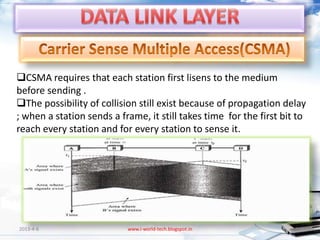 CSMA requires that each station first lisens to the medium
before sending .
The possibility of collision still exist because of propagation delay
; when a station sends a frame, it still takes time for the first bit to
reach every station and for every station to sense it.




2013-4-6                   www.i-world-tech.blogspot.in              50
 