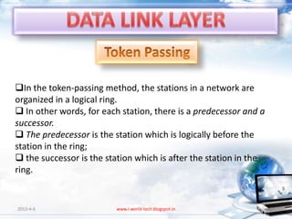 In the token-passing method, the stations in a network are
organized in a logical ring.
 In other words, for each station, there is a predecessor and a
successor.
 The predecessor is the station which is logically before the
station in the ring;
 the successor is the station which is after the station in the
ring.


2013-4-6                  www.i-world-tech.blogspot.in             64
 