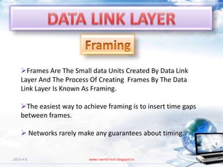 Frames Are The Small data Units Created By Data Link
    Layer And The Process Of Creating Frames By The Data
    Link Layer Is Known As Framing.

    The easiest way to achieve framing is to insert time gaps
    between frames.

     Networks rarely make any guarantees about timing.


2013-4-6                  www.i-world-tech.blogspot.in           67
 