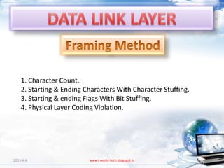 1. Character Count.
    2. Starting & Ending Characters With Character Stuffing.
    3. Starting & ending Flags With Bit Stuffing.
    4. Physical Layer Coding Violation.




2013-4-6                  www.i-world-tech.blogspot.in         68
 