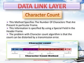  This Method Specifies The Number Of Characters That Are
  Present In particular Frame.
   This Information Is specified By using a Special Field In the
  Header Frame.
   The problem with Character count algorithm is that the
  count can be distorted by a transmission error.




2013-4-6                  www.i-world-tech.blogspot.in              69
 