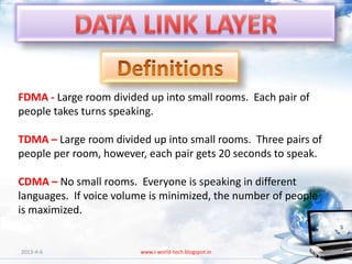 FDMA - Large room divided up into small rooms. Each pair of
people takes turns speaking.

TDMA – Large room divided up into small rooms. Three pairs of
people per room, however, each pair gets 20 seconds to speak.

CDMA – No small rooms. Everyone is speaking in different
languages. If voice volume is minimized, the number of people
is maximized.


2013-4-6                www.i-world-tech.blogspot.in            76
 