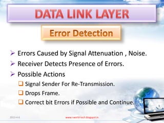  Errors Caused by Signal Attenuation , Noise.
 Receiver Detects Presence of Errors.
 Possible Actions
       Signal Sender For Re-Transmission.
       Drops Frame.
       Correct bit Errors if Possible and Continue.

2013-4-6                www.i-world-tech.blogspot.in   8
 