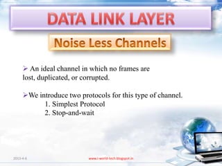  An ideal channel in which no frames are
     lost, duplicated, or corrupted.

     We introduce two protocols for this type of channel.
           1. Simplest Protocol
           2. Stop-and-wait




2013-4-6                  www.i-world-tech.blogspot.in       90
 