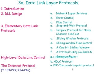 1
3a. Data Link Layer Protocols
1. Introduction
2. DLL Design a. Network Layer Services
b. Error Control
c. Flow Control
3. Elementary Data Link
Protocols
a. Stop-and-Wait Protocol
b. Simplex Protocol for Noisy
Channel; Time-out
c. Sliding Window Protocols
d. Sliding-window Flow Control
e. A One bit Sliding-Window
f. A Protocol Using Go-Back-N
g. Selective RejectHigh-Level Data Linc Control a. HDLC Operation
b. HDLC Protocol
The Internet Protocol a. PPP-The point-to-point protocol
(T. 183-229; 234-246)
 