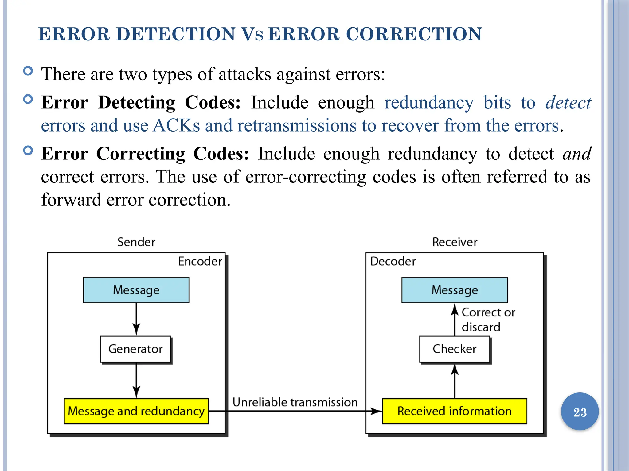 ERROR DETECTION VS ERROR CORRECTION
 There are two types of attacks against errors:
 Error Detecting Codes: Include enough redundancy bits to detect
errors and use ACKs and retransmissions to recover from the errors.
 Error Correcting Codes: Include enough redundancy to detect and
correct errors. The use of error-correcting codes is often referred to as
forward error correction.
23
 