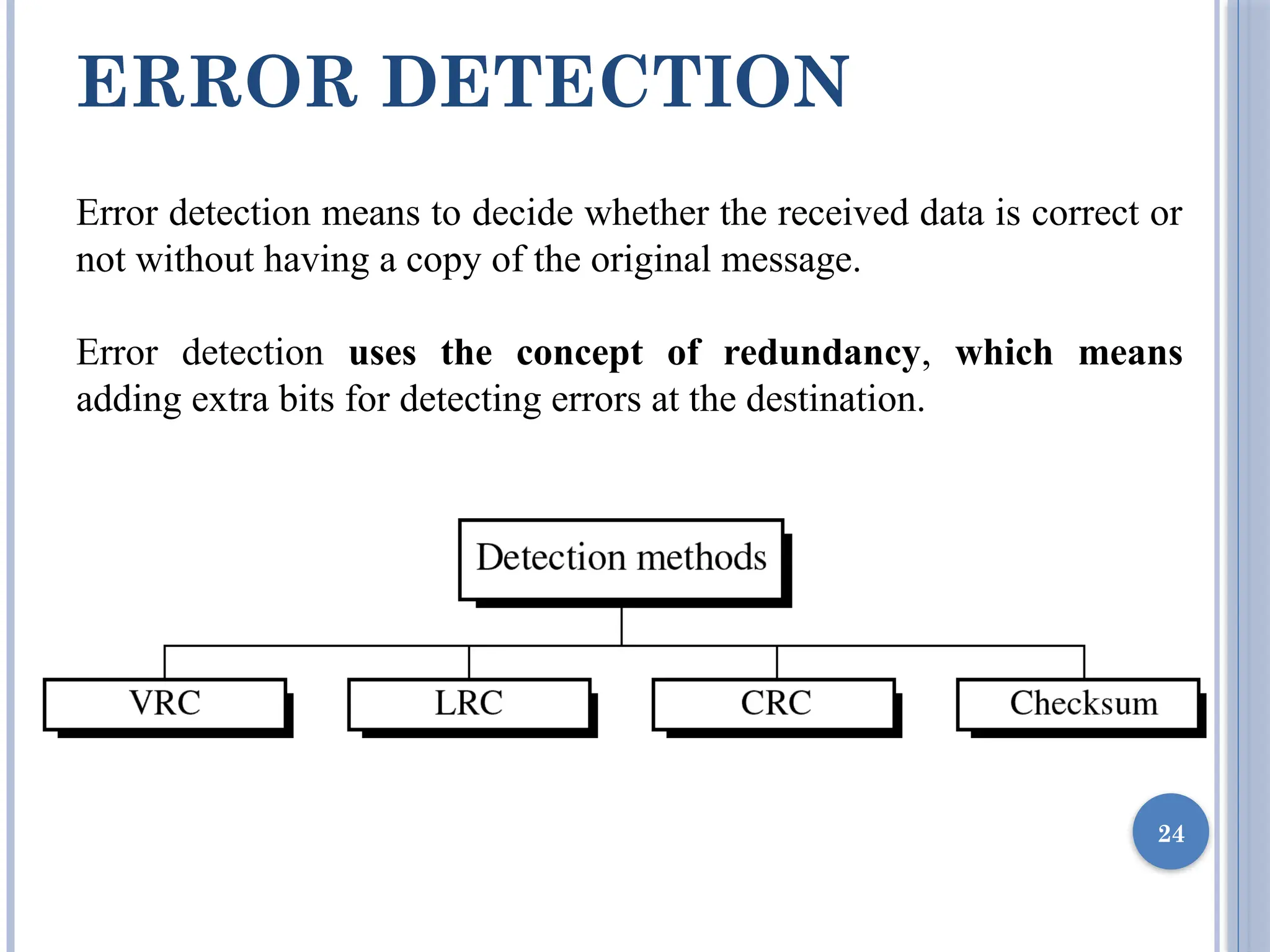 ERROR DETECTION
24
Error detection means to decide whether the received data is correct or
not without having a copy of the original message.
Error detection uses the concept of redundancy, which means
adding extra bits for detecting errors at the destination.
 