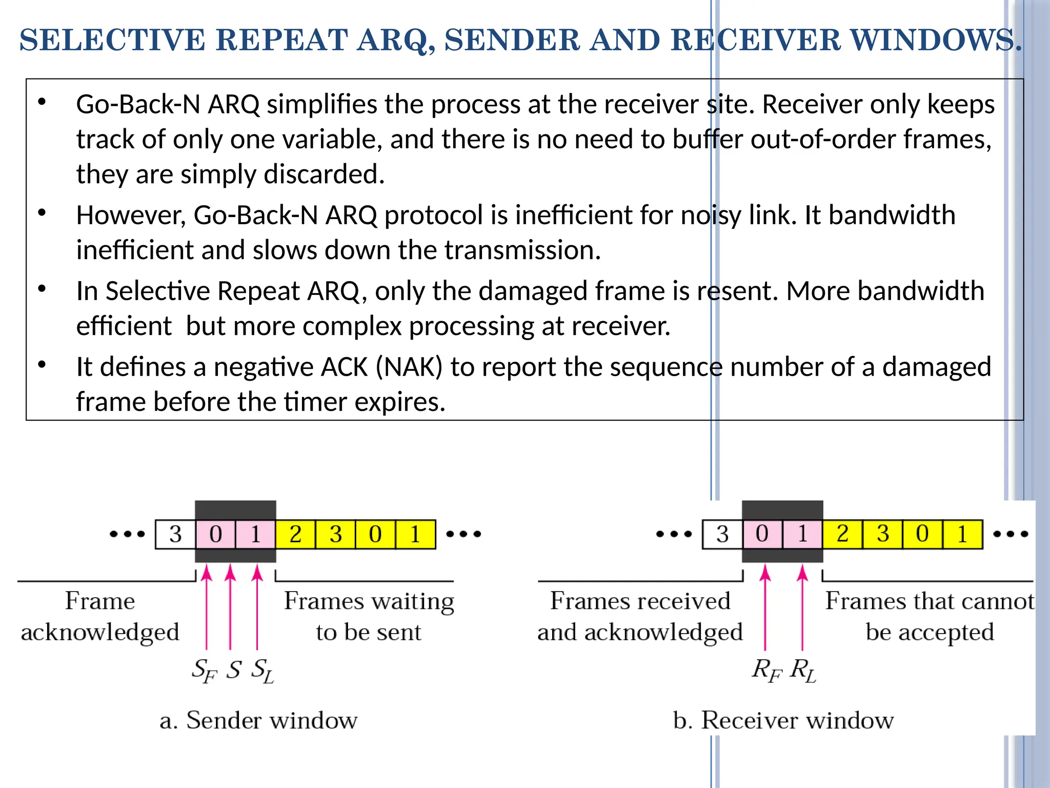 SELECTIVE REPEAT ARQ, SENDER AND RECEIVER WINDOWS.
• Go-Back-N ARQ simplifies the process at the receiver site. Receiver only keeps
track of only one variable, and there is no need to buffer out-of-order frames,
they are simply discarded.
• However, Go-Back-N ARQ protocol is inefficient for noisy link. It bandwidth
inefficient and slows down the transmission.
• In Selective Repeat ARQ, only the damaged frame is resent. More bandwidth
efficient but more complex processing at receiver.
• It defines a negative ACK (NAK) to report the sequence number of a damaged
frame before the timer expires.
 