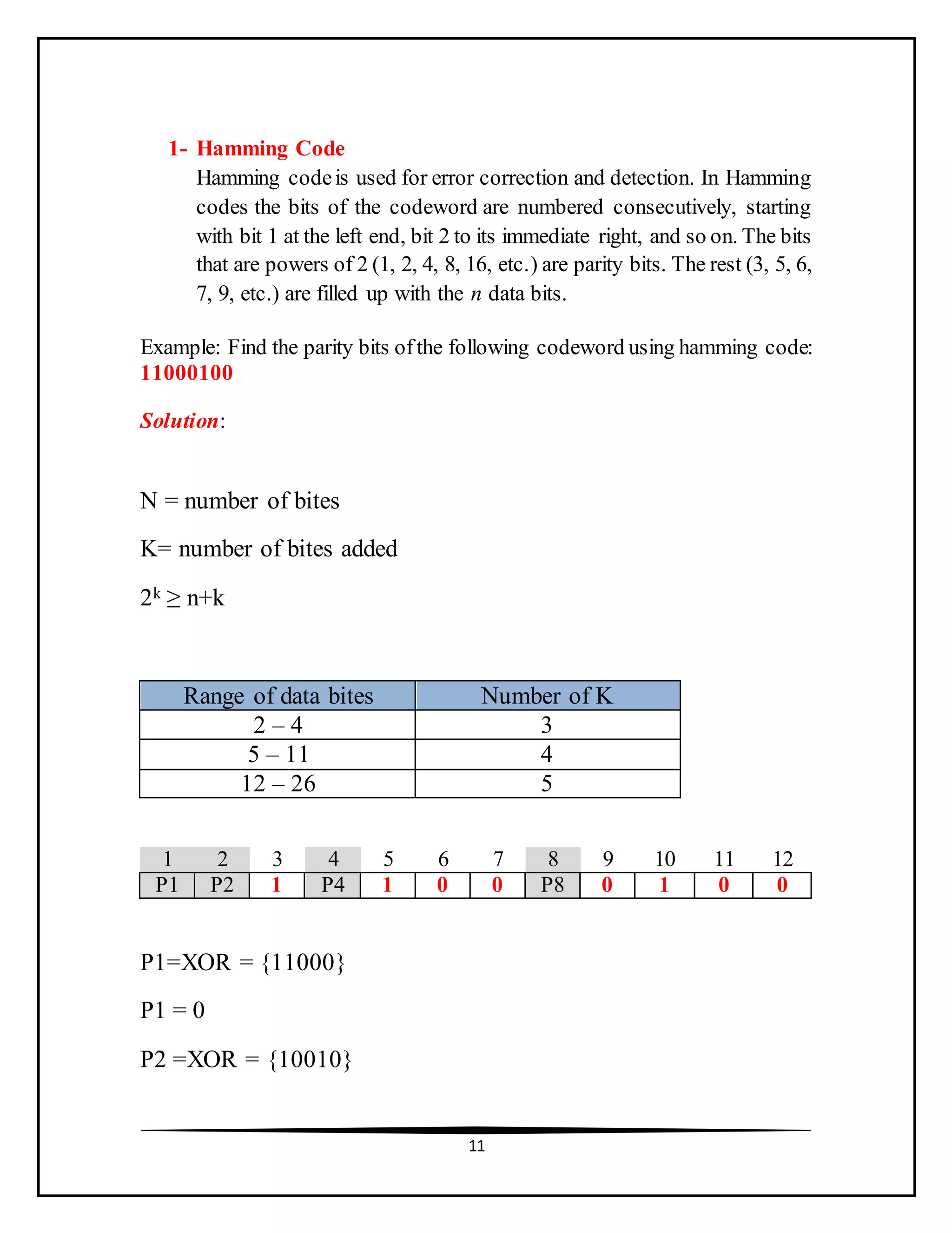 11
1- Hamming Code
Hamming codeis used for error correction and detection. In Hamming
codes the bits of the codeword are numbered consecutively, starting
with bit 1 at the left end, bit 2 to its immediate right, and so on. The bits
that are powers of 2 (1, 2, 4, 8, 16, etc.) are parity bits. The rest (3, 5, 6,
7, 9, etc.) are filled up with the n data bits.
Example: Find the parity bits ofthe following codeword using hamming code:
11000100
Solution:
N = number of bites
K= number of bites added
2k ≥ n+k
Range of data bites Number of K
2 – 4 3
5 – 11 4
12 – 26 5
1 2 3 4 5 6 7 8 9 10 11 12
P1 P2 1 P4 1 0 0 P8 0 1 0 0
P1=XOR = {11000}
P1 = 0
P2 =XOR = {10010}
 