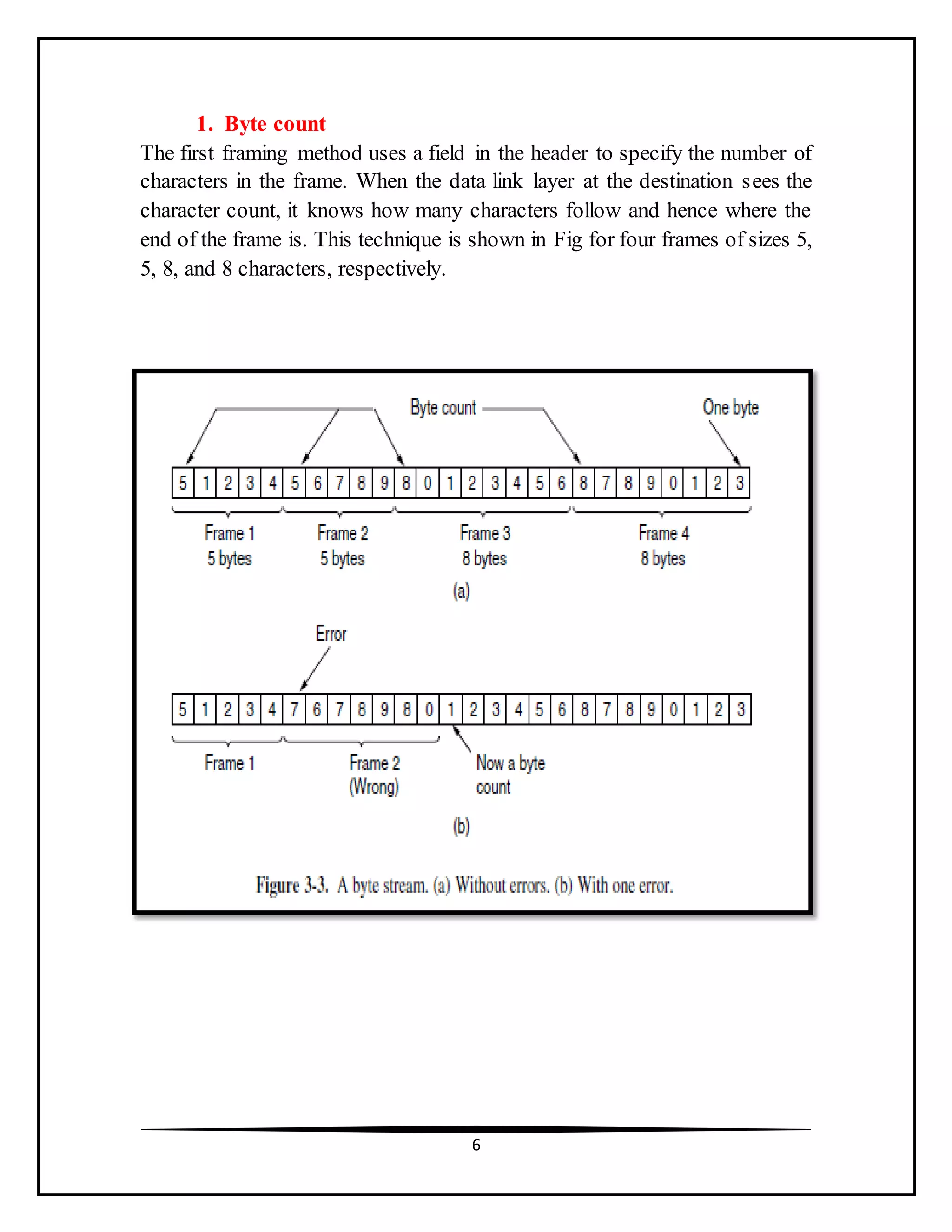 6
1. Byte count
The first framing method uses a field in the header to specify the number of
characters in the frame. When the data link layer at the destination sees the
character count, it knows how many characters follow and hence where the
end of the frame is. This technique is shown in Fig for four frames of sizes 5,
5, 8, and 8 characters, respectively.
 