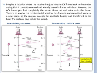  Imagine a situation where the receiver has just sent an ACK frame back to the sender
saying that it correctly received and already passed a frame to its host. However, the
ACK frame gets lost completely, the sender times out and retransmits the frame.
There is no way for the receiver to tell whether this frame is a retransmitted frame or
a new frame, so the receiver accepts this duplicate happily and transfers it to the
host. The protocol thus fails in this aspect.
66
STOP-AND-WAIT, LOST ACK FRAME
STOP-AND-WAIT, LOST FRAME
 