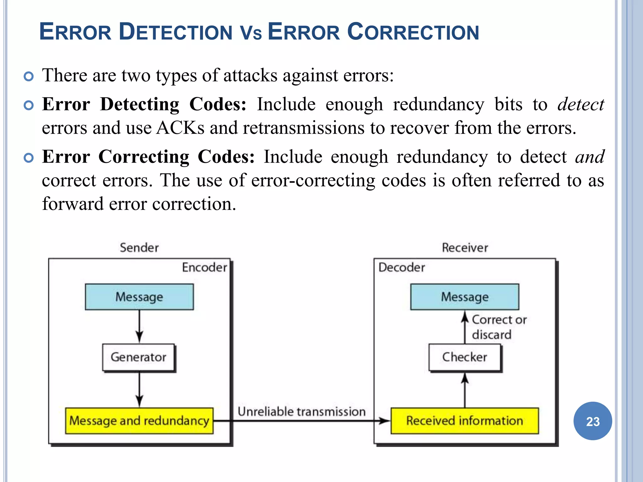 ERROR DETECTION VS ERROR CORRECTION
 There are two types of attacks against errors:
 Error Detecting Codes: Include enough redundancy bits to detect
errors and use ACKs and retransmissions to recover from the errors.
 Error Correcting Codes: Include enough redundancy to detect and
correct errors. The use of error-correcting codes is often referred to as
forward error correction.
23
 