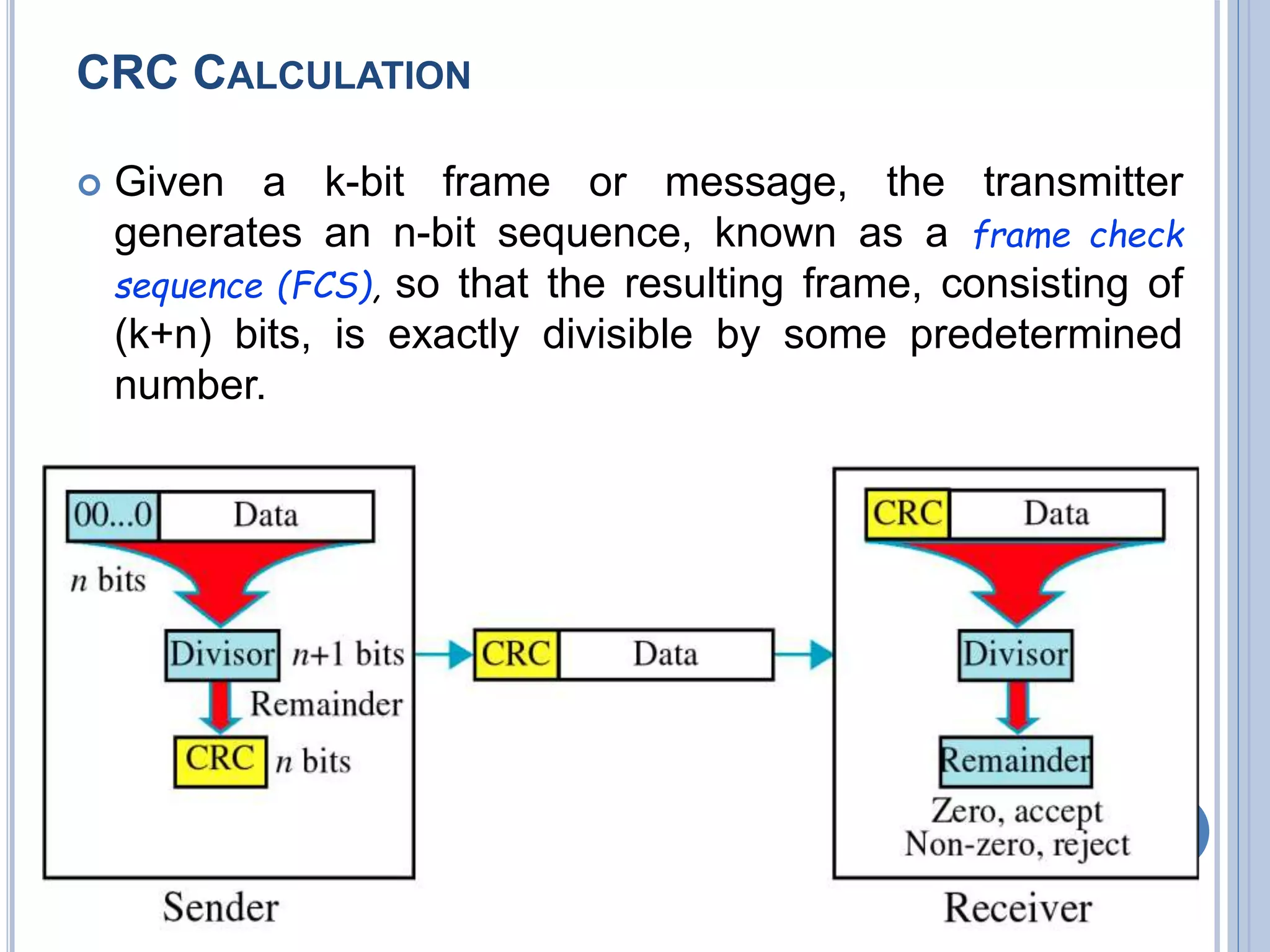 CRC CALCULATION
 Given a k-bit frame or message, the transmitter
generates an n-bit sequence, known as a frame check
sequence (FCS), so that the resulting frame, consisting of
(k+n) bits, is exactly divisible by some predetermined
number.
33
 