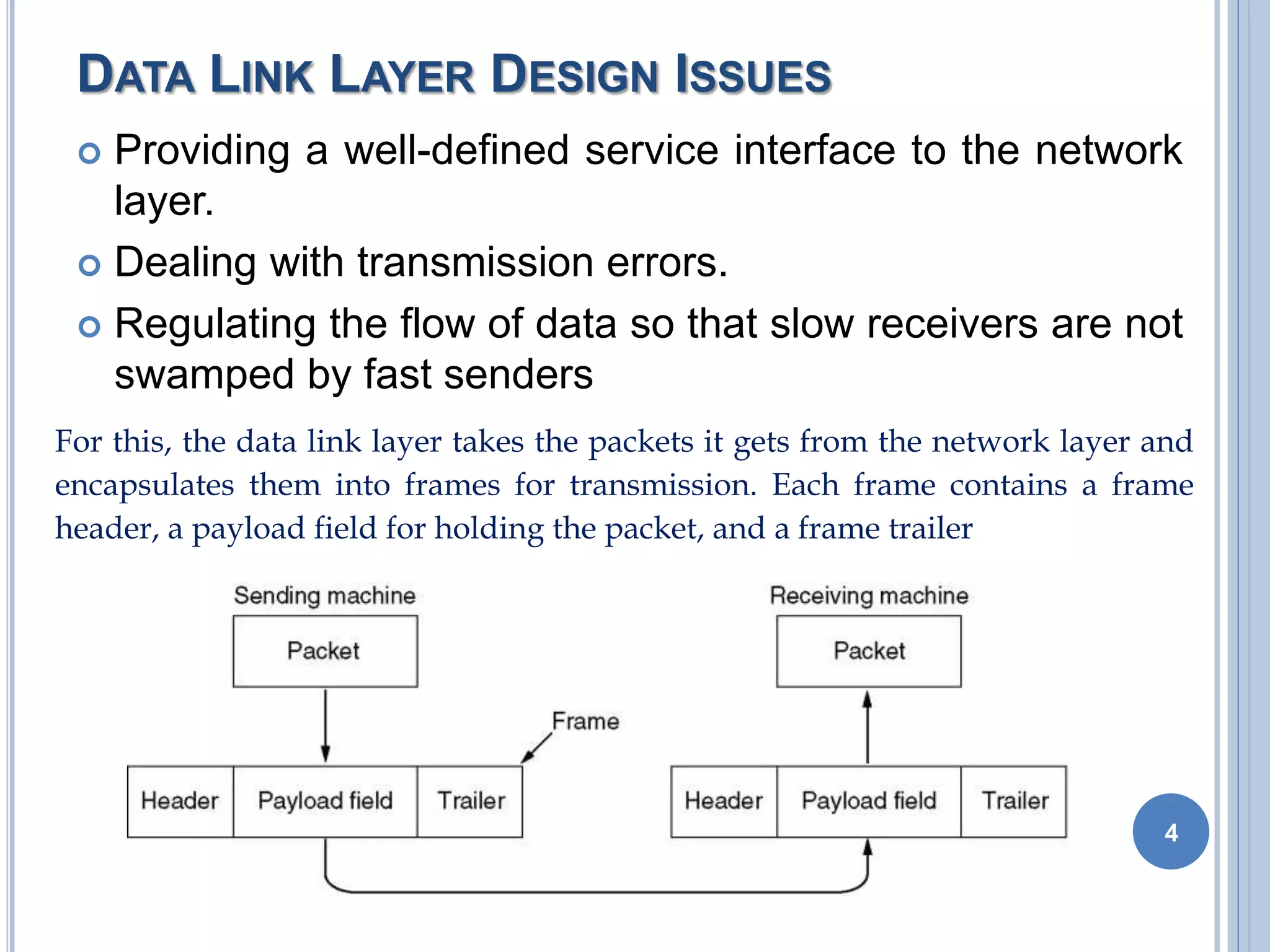 DATA LINK LAYER DESIGN ISSUES
 Providing a well-defined service interface to the network
layer.
 Dealing with transmission errors.
 Regulating the flow of data so that slow receivers are not
swamped by fast senders
4
For this, the data link layer takes the packets it gets from the network layer and
encapsulates them into frames for transmission. Each frame contains a frame
header, a payload field for holding the packet, and a frame trailer
 