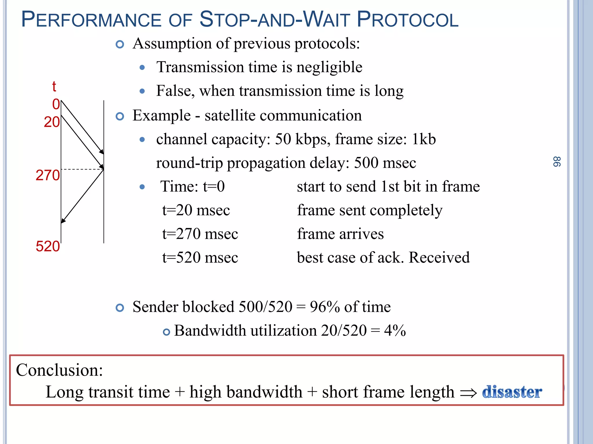 86
PERFORMANCE OF STOP-AND-WAIT PROTOCOL
 Assumption of previous protocols:
 Transmission time is negligible
 False, when transmission time is long
 Example - satellite communication
 channel capacity: 50 kbps, frame size: 1kb
round-trip propagation delay: 500 msec
 Time: t=0 start to send 1st bit in frame
t=20 msec frame sent completely
t=270 msec frame arrives
t=520 msec best case of ack. Received
 Sender blocked 500/520 = 96% of time
 Bandwidth utilization 20/520 = 4%
t
0
20
270
520
Conclusion:
Long transit time + high bandwidth + short frame length 
 