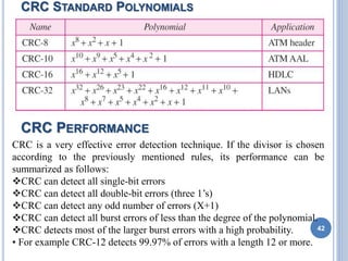 CRC STANDARD POLYNOMIALS
42
CRC is a very effective error detection technique. If the divisor is chosen
according to the previously mentioned rules, its performance can be
summarized as follows:
CRC can detect all single-bit errors
CRC can detect all double-bit errors (three 1’s)
CRC can detect any odd number of errors (X+1)
CRC can detect all burst errors of less than the degree of the polynomial.
CRC detects most of the larger burst errors with a high probability.
• For example CRC-12 detects 99.97% of errors with a length 12 or more.
CRC PERFORMANCE
 