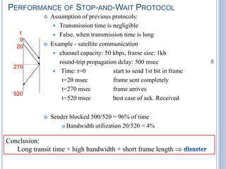 86
PERFORMANCE OF STOP-AND-WAIT PROTOCOL
 Assumption of previous protocols:
 Transmission time is negligible
 False, when transmission time is long
 Example - satellite communication
 channel capacity: 50 kbps, frame size: 1kb
round-trip propagation delay: 500 msec
 Time: t=0 start to send 1st bit in frame
t=20 msec frame sent completely
t=270 msec frame arrives
t=520 msec best case of ack. Received
 Sender blocked 500/520 = 96% of time
 Bandwidth utilization 20/520 = 4%
t
0
20
270
520
Conclusion:
Long transit time + high bandwidth + short frame length 
 