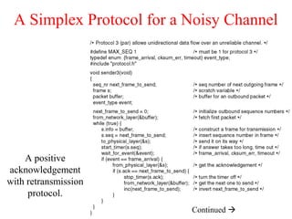A Simplex Protocol for a Noisy Channel
A positive
acknowledgement
with retransmission
protocol.
Continued 
 
