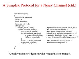 A Simplex Protocol for a Noisy Channel (ctd.)
A positive acknowledgement with retransmission protocol.
 