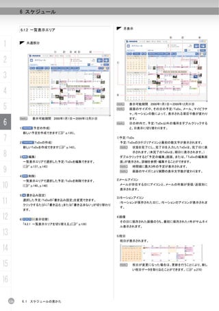 6 スケジュール


           6.1.2 一覧表示エリア                                          月表示

                                                                                       5)   2)       4)


1                 共通部分

                                  1)   2)   3) 4) 5)   6)


2                                                           1)




3
4                                                           3)



5                                                           N
                                                            N
                                                                      表示可能期間 2000年1月1日～2099年12月31日
                                                                      画面のサイズや、その日の予定/ToDo、メール、マイピクチ
                                                                      ャ、iモーションの数によって、表示される項目や数が変わり
           N          表示可能期間 2000年1月1日～2099年12月31日                    ます。
6          1)         (予定の作成)
                                                            N         日の枠内で、予定/ToDo以外の場所をダブルクリックする
                                                                      と、日表示に切り替わります。
                新しい予定を作成できます(C p.135)。

7          2)         (ToDoの作成)
                                                            1)予定/ToDo
                                                                 予定/ToDoのカテゴリアイコンと最初の数文字が表示されます。
                新しいToDoを作成できます(C p.143)。                         N     状態を完了にし、完了日を入力したToDoは、完了日に表

8          3)     (編集)
                                                                       示されます。(未完了のToDoは、期日に表示されます。)
                                                                 ダブルクリックすると「予定の編集」画面、または、「ToDoの編集画
                一覧表示エリアで選択した予定/ToDoを編集できます。                      面」が表示され、詳細を参照・編集することができます。
                                                                 N
9
                (C p.137、p.145)                                        時間順に最大3件の予定が表示されます。
                                                                 N     画面のサイズにより実際の表示文字数が変わります。
           4)     (削除)
                一覧表示エリアで選択した予定/ToDoを削除できます。                 2)メールアイコン

10              (C p.140、p.148)                                  メールが存在する日にアイコンと、メールの件数が受信/送信別に
                                                                 表示されます。
           5) (書き込み設定)
                                                            3)iモーションアイコン
11              選択した予定/ToDoの「書き込み設定」を変更できます。
                クリックするたびに「書き込む」または「書き込まない」が切り替わり
                                                                 iモーションが保存された日に、iモーションのアイコンが表示されま
                                                                 す。
                ます。

12         6)         (表示切替)
                                                            4)画像
                                                                 その日に保存された画像のうち、最初に保存された1件がサムネイ
                「6.2.1 一覧表示エリアを切り替える」(C p.128)
                                                                 ル表示されます。

13                                                          5)祝日
                                                                 祝日が表示されます。

14
15                                                               N     祝日が変更になった場合は、更新を行うことにより、新し
                                                                       い祝日データを取り込むことができます。（C p.270)


16

     126    6.1     スケジュールの見かた
 