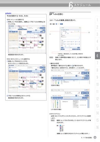 column
                                                               6   スケジュール


                                         6.4 ToDoを読む
 予定を削除する-その2、その3

 その2-メニューから選択する
 ①削除したい予定を選択し、[編集(E)]-[予定/ToDoの削除(D)]を
                                         6.4.1 「ToDoの編集」画面の見かた                                 1
  クリックする                                 手     順：


                                                                                               2
                                                                                 2)
                                         1)
                                                                                               3
                                                                                               4
                                                                                               5
                                                      「何件目／現在表示している全件数」が表示さ

                                                                                               6
  確認画面が表示されます。
                                                      れています。
                                         N        接続した携帯電話の機能に応じて、入力項目や桁数などが
 その3-右クリックメニューから選択する                              異なります。
 ①削除したい予定を右クリックする
  右クリックメニューが表示されます。                      1)書き込み設定
                                              携帯電話に「書き込みする」場合に     が表示されます。
                                                                                               7
                                              「書き込まない」設定を行うと、淡色表示（    ）になります。

                                                                                               8
                                                                                               9
                                              日表示の場合                                       10
                                                                                           11
 ②[予定/ToDoの削除(D)]をクリックする
  確認画面が表示されます。
                                                                                           12
                                                                                           13
                                              リスト表示の場合


                                         2)カテゴリアイコン
                                              必要に応じてプルダウンリストボックスから、カテゴリアイコンを選択
                                                                                           14
                                              します。
                                              N      機種によってそれぞれ対応しているカテゴリアイコンが表
                                                     示されます。
                                                                                           15
                                                     例）
                                                                                           16
                                                     (機種によって使用できるカテゴリアイコンが異なります。)

                                                                          6. 4 ToDoを読む   141
 