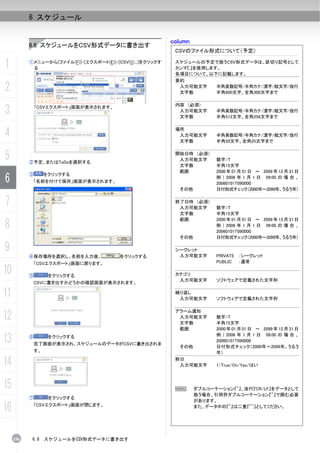 6 スケジュール


                                                            column
           6.6 スケジュールをCSV形式データに書き出す
                                                             CSVのファイル形式について（予定）

1          ①メニューから[ファイル(F)]-[エクスポート(E)]-[CSV(C)...]をクリックす
            る
                                                             スケジュールの予定で扱うCSV形式データは、区切り記号として
                                                             カンマ『,』を使用します。
                                                             各項目について、以下に記載します。
                                                             要約
2                                                             入力可能文字
                                                              文字数
                                                                         半角英数記号/半角カナ/漢字/絵文字/改行
                                                                         半角600文字、全角300文字まで

                                                             内容 （必須）
3              「CSVエクスポート」画面が表示されます。
                                                              入力可能文字
                                                              文字数
                                                                           半角英数記号/半角カナ/漢字/絵文字/改行
                                                                           半角512文字、全角256文字まで



4                                                            場所
                                                              入力可能文字
                                                              文字数
                                                                           半角英数記号/半角カナ/漢字/絵文字/改行
                                                                           半角50文字、全角25文字まで


5          ②予定、またはToDoを選択する
                                                             開始日時 （必須）
                                                              入力可能文字       数字/T
                                                              文字数          半角15文字
                                                              範囲           2000 年 01 月 01 日 ～ 2099 年 12 月 31 日

6
           ③        をクリックする
                                                                           例 ） 2006 年 1 月 1 日 09:00 の 場 合 、
               「名前を付けて保存」画面が表示されます。                                        20060101T090000
                                                              その他          日付形式チェック（2000年～2099年、うるう年）


7                                                            終了日時 （必須）
                                                              入力可能文字       数字/T
                                                              文字数          半角15文字
                                                              範囲           2000 年 01 月 01 日 ～ 2099 年 12 月 31 日
8                                                                          例 ） 2006 年 1 月 1 日 09:00 の 場 合 、
                                                                           20060101T090000
                                                              その他          日付形式チェック（2000年～2099年、うるう年）

9                                                            シークレット
                                                              入力可能文字       PRIVATE ：シークレット
           ④保存場所を選択し、名前を入力後、              をクリックする
               「CSVエクスポート」画面に戻ります。                                         PUBLIC ：通常

10         ⑤         をクリックする                                 カテゴリ
                                                              入力可能文字       ソフトウェアで定義された文字列
               CSVに書き出すかどうかの確認画面が表示されます。

11                                                           繰り返し
                                                              入力可能文字       ソフトウェアで定義された文字列



12
                                                             アラーム通知
                                                              入力可能文字       数字/T
                                                              文字数          半角15文字
                                                              範囲           2000 年 01 月 01 日 ～ 2099 年 12 月 31 日

13         ⑥         をクリックする
               完了画面が表示され、スケジュールのデータがCSVに書き出されま
                                                              その他
                                                                           例 ） 2006 年 1 月 1 日 09:00 の 場 合 、
                                                                           20060101T090000
                                                                           日付形式チェック（2000年～2099年、うるう
               す。                                                          年）

14                                                           終日
                                                              入力可能文字       1/True/On/Yes/はい



15                                                           N       ダブルコーテーション『"』、改行『CR/LF』をデータとして
                                                                     扱う場合、引用符ダブルコーテーション『"』で囲む必要
           ⑦         をクリックする
                                                                     があります。
16             「CSVエクスポート」画面が閉じます。                                   また、データ中の『"』は二重『""』としてください。




     150    6.6     スケジュールをCSV形式データに書き出す
 