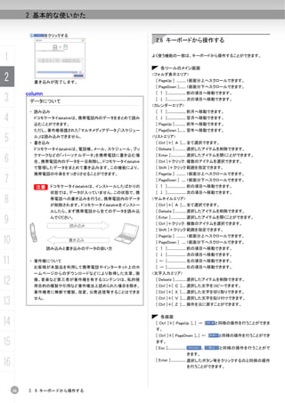 2 基本的な使いかた

           ⑥       をクリックする
                                                       2.6 キーボードから操作する


1                                                     よく使う機能の一部は、キーボードから操作することができます。


                                                           各ツールのメイン画面

2              書き込みが完了します。
                                                      <フォルダ表示エリア>
                                                       [ PageUp ] ........... 1画面分上へスクロールできます。
                                                       [ PageDown ]........ 1画面分下へスクロールできます。
          column                                       [ ↑ ] ...................... 前の項目へ移動できます。
3          データについて                                     [ ↓ ] ...................... 次の項目へ移動できます。
                                                      <カレンダーエリア>
           ・ 読み込み                                      [ ↑ ] ...................... 前月へ移動できます。

4              ドコモケータイdatalinkは、携帯電話内のデータをまとめて読み
               込むことができます。
                                                       [ ↓ ] ...................... 翌月へ移動できます。
                                                       [ PageUp ] ............. 前年へ移動できます。
               ただし、著作権保護された「マルチメディアデータ」「iスケジュー         [ PageDown ]........ 翌年へ移動できます。

5              ル」は読み込みできません。
           ・ 書き込み
                                                      <リストエリア>
                                                       [ Ctrl ]＋[ Ａ ]..... 全て選択できます。
               ドコモケータイdatalinkは、電話帳、メール、スケジュール、ブッ      [ Deleate ] ............. 選択したアイテムを削除できます。

6
               クマークなどの「パーソナルデータ」を携帯電話に書き込む場            [ Enter ].................. 選択したアイテムを開くことができます。
               合、携帯電話内のデータを一旦削除し、ドコモケータイdatalink       [ Ctrl ]＋クリック . 複数のアイテムを選択できます。
               で整理したデータをまとめて書き込みます。この機能により、            [ Shift ]＋クリック 範囲を指定できます。
               携帯電話の中身をすっきりさせることができます。                 [ PageUp ] ........... 1画面分上へスクロールできます。
7                                                      [ PageDown ] ..... 1画面分下へスクロールできます。
               B
               B      ドコモケータイdatalinkは、インストールしたばかりの    [ ↑ ] ...................... 前の項目へ移動できます。
                      状態では、データが入っていません。この状態で、携         [ ↓ ] ...................... 次の項目へ移動できます。

8                     帯電話への書き込みを行うと、携帯電話内のデータ
                      が削除されます。ドコモケータイdatalinkをインストー
                                                      <サムネイルエリア>
                                                       [ Ctrl ]＋[ Ａ ]..... 全て選択できます。
                      ルしたら、まず携帯電話から全てのデータを読み込          [ Deleate ] ............. 選択したアイテムを削除できます。

9                     んでください。                          [ Enter ].................. 選択したアイテムを開くことができます。
                                                       [ Ctrl ]＋クリック . 複数のアイテムを選択できます。
                                                       [ Shift ]＋クリック 範囲を指定できます。
                                                       [ PageUp ] ........... 1画面分上へスクロールできます。
10                                                     [ PageDown ] ..... 1画面分下へスクロールできます。
                     読み込みと書き込みのデータの扱い方                 [ ↑ ] ...................... 前の項目へ移動できます。
                                                       [ ↓ ] ...................... 次の項目へ移動できます。
11         ・ 著作権について
               お客様が本製品を利用して携帯電話やインターネット上のホ
                                                       [ ← ] ...................... 左の項目へ移動できます。
                                                       [ → ] ...................... 右の項目へ移動できます。
               ームページからのダウンロードなどにより取得した文章、画            <文字入力エリア>

12             像、音楽など第三者が著作権を有するコンテンツは、私的使
               用目的の複製や引用など著作権法上認められた場合を除き、
                                                       [ Deleate ] ............. 選択したアイテムを削除できます。
                                                       [ Ctrl ]＋[ Ｃ ]..... 選択した文字をコピーできます。
               著作権者に無断で複製、改変、公衆送信等することはできま             [ Ctrl ]＋[ Ｘ ] ..... 選択した文字を切り取りできます。

13             せん。                                     [ Ctrl ]＋[ Ｖ ]..... 選択した文字を貼り付けできます。
                                                       [ Ctrl ]＋[ Ｚ ] ..... 操作を元に戻すことができます。


                                                           各画面
14                                                     [ Ctrl ]＋[ PageUp ]、[ → ]
                                                       す。
                                                                                                  と同様の操作を行うことができま


                                                       [ Ctrl ]＋[ PageDown ]、[ ← ]                と同様の操作を行うことができ

15                                                     ます。
                                                       [ Esc ]......................          、    と同様の操作を行うことがで
                                                                                       きます。

16                                                     [ Enter ].................. 選択したボタン等をクリックするのと同様の操作
                                                                                   を行うことができます。




     38    2. 6 キーボードから操作する
 