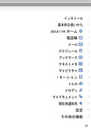 はじめに




     インストール         1
   基本的な使いかた         2
datalink ホーム        3
       電話帳          4
       メール          5
   スケジュール           6
   ブックマーク           7
   テキストメモ           8
   マイピクチャ           9
  i モーション           10
       トルカ          11
      メロディ          12
マイドキュメント            13
   現在地通知先           14
           設定       15
    その他の機能          16

                5
 