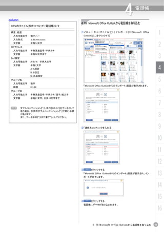 column
                                                                                   4         電話帳


                                           4.16 Microsoft Office Outlookから電話帳を取り込む
 CSVのファイル形式について（電話帳）2/2

 緯度、経度
  入力可能文字       数字/+/-
                                           ① メ ニ ュ ー か ら [ フ ァ イ ル (F)]-[ イ ン ポ ー ト (I)]-[Microsoft Office
                                               Outlook(O)...]をクリックする
                                                                                                                  1
  入力形式         ±dd.mm.ss.sss
  文字数
 SIPアドレス
               半角14文字
                                                                                                                  2
  入力可能文字       半角英数記号/半角カナ

                                                                                                                  3
  文字数          半角50文字まで
 2in1設定
  入力可能文字       A/B/N 半角大文字
  文字数          半角1文字
               A：A設定
               B：B設定
                                                                                                                  4
               N：共通設定
 グループ№
  入力可能文字       数字
                                                                                                                  5
                                             「Microsoft Office Outlookからのインポート」画面が表示されます。
  範囲           0～99
 グループ名
  入力可能文字       半角英数記号/半角カナ/漢字/絵文字
                                                                                                                  6
  文字数          半角21文字、全角10文字まで

                                                                                                                  7
 N        ダブルコーテーション『"』、改行『CR/LF』をデータとして
          扱う場合、引用符ダブルコーテーション『"』で囲む必要
          があります。
          また、データ中の『"』は二重『""』としてください。                                                                              8
                                           ②「連絡先」にチェックを入れる                                                        9
                                                                                                                  10
                                                                                                                  11
                                                                                                                  12
                                           ③        をクリックする
                                               「Microsoft Office Outlookからのインポート」画面が表示され、イン
                                               ポートが完了します。
                                                                                                                  13
                                                                                                                  14

                                           ④        をクリックする
                                                                                                                  15
                                               電話帳にデータが取り込まれます。

                                                                                                                  16

                                                      4. 16 Microsoft Office Outlookから電話帳を取り込む               79
 