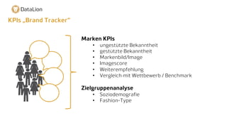 KPIs „Brand Tracker“
Marken KPIs
• ungestützte Bekanntheit
• gestützte Bekanntheit
• Markenbild/Image
• Imagescore
• Weiterempfehlung
• Vergleich mit Wettbewerb / Benchmark
Zielgruppenanalyse
• Soziodemografie
• Fashion-Type
 