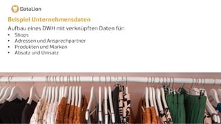 Beispiel Unternehmensdaten
Aufbau eines DWH mit verknüpften Daten für:
• Shops
• Adressen und Ansprechpartner
• Produkten und Marken
• Absatz und Umsatz
 