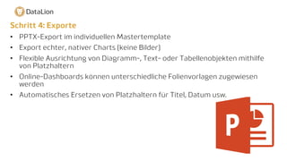 Schritt 4: Exporte
• PPTX-Export im individuellen Mastertemplate
• Export echter, nativer Charts (keine Bilder)
• Flexible Ausrichtung von Diagramm-, Text- oder Tabellenobjekten mithilfe
von Platzhaltern
• Online-Dashboards können unterschiedliche Folienvorlagen zugewiesen
werden
• Automatisches Ersetzen von Platzhaltern für Titel, Datum usw.
 