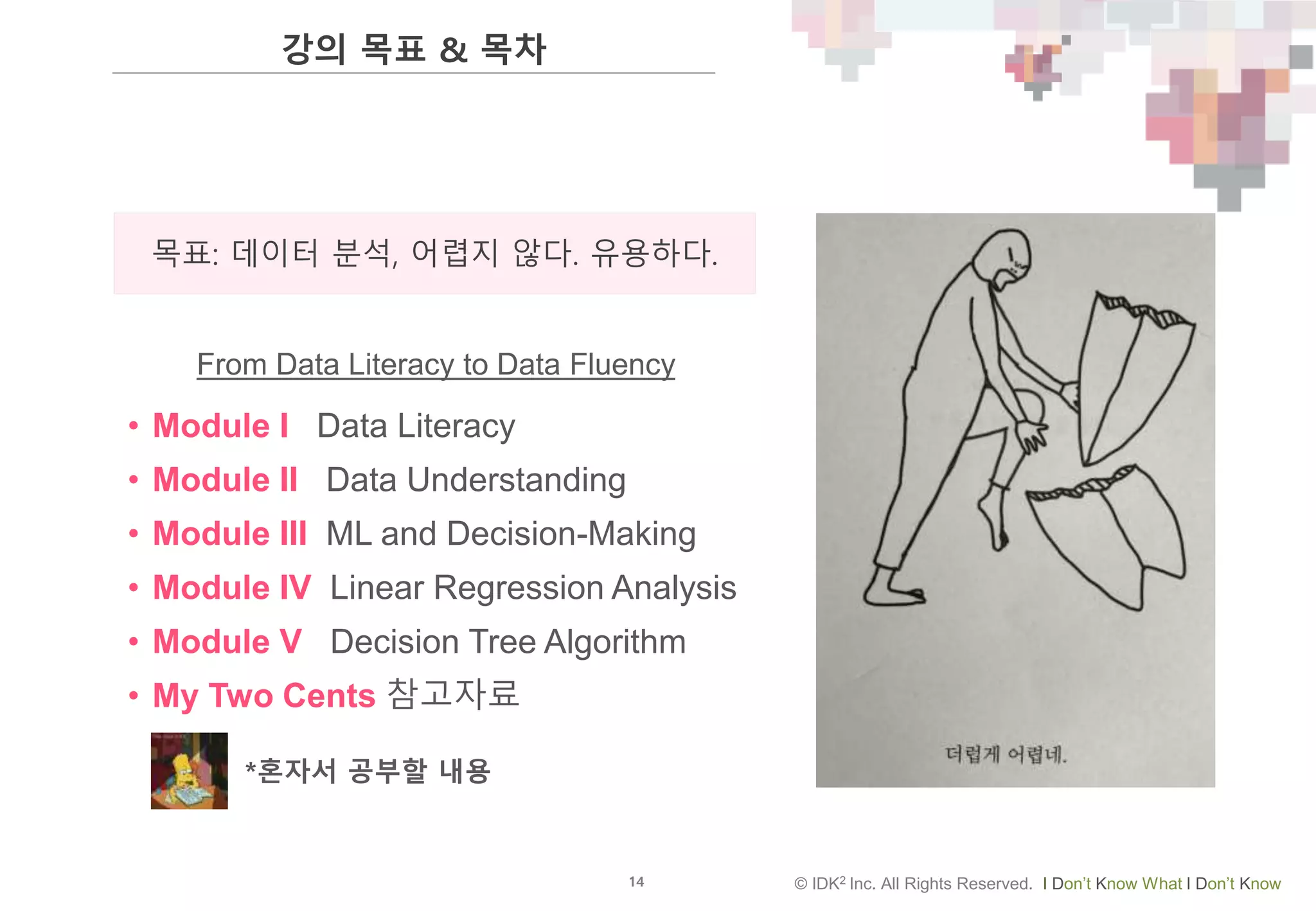 14 © IDK2 Inc. All Rights Reserved. I Don’t Know What I Don’t Know
강의 목표 & 목차
• Module I Data Literacy
• Module II Data Understanding
• Module III ML and Decision-Making
• Module IV Linear Regression Analysis
• Module V Decision Tree Algorithm
• My Two Cents 참고자료
From Data Literacy to Data Fluency
목표: 데이터 분석, 어렵지 않다. 유용하다.
*혼자서 공부할 내용
 