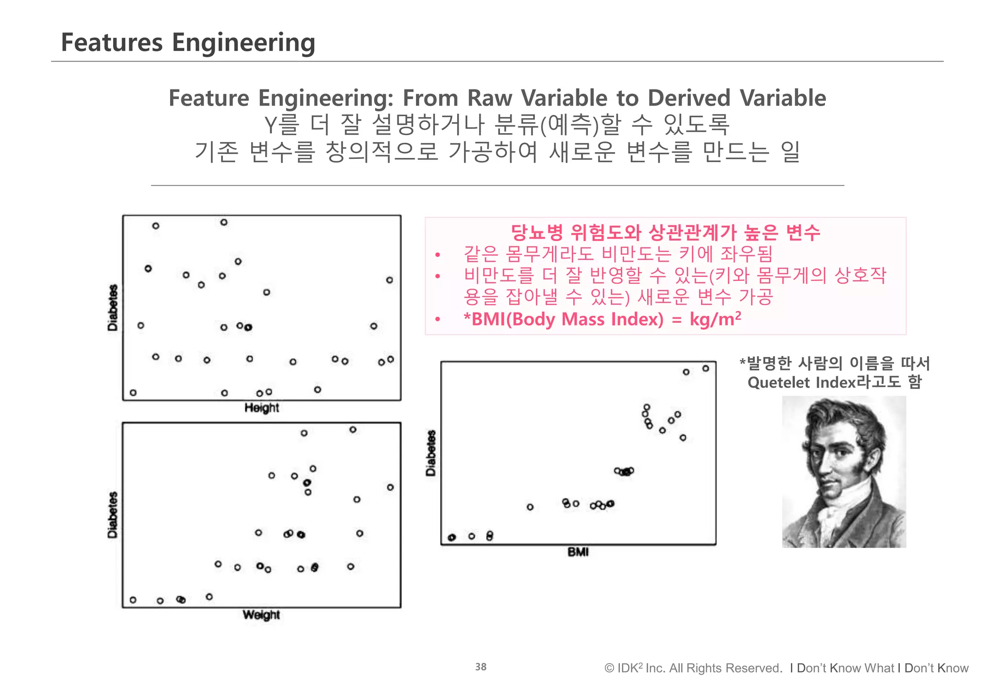 38 © IDK2 Inc. All Rights Reserved. I Don’t Know What I Don’t Know
Features Engineering
Feature Engineering: From Raw Variable to Derived Variable
Y를 더 잘 설명하거나 분류(예측)할 수 있도록
기존 변수를 창의적으로 가공하여 새로운 변수를 만드는 일
당뇨병 위험도와 상관관계가 높은 변수
• 같은 몸무게라도 비만도는 키에 좌우됨
• 비만도를 더 잘 반영할 수 있는(키와 몸무게의 상호작
용을 잡아낼 수 있는) 새로운 변수 가공
• *BMI(Body Mass Index) = kg/m2
*발명한 사람의 이름을 따서
Quetelet Index라고도 함
 
