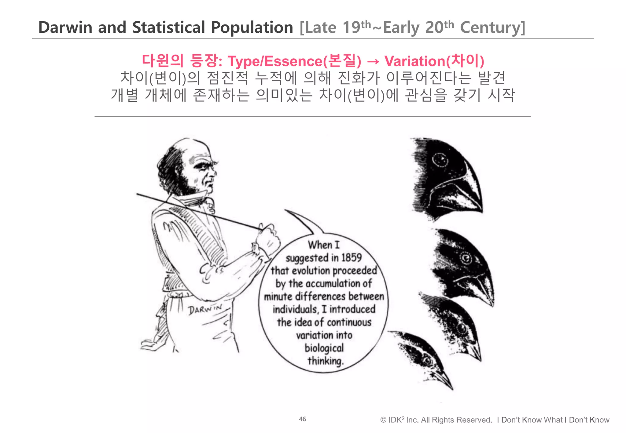 46 © IDK2 Inc. All Rights Reserved. I Don’t Know What I Don’t Know
Darwin and Statistical Population [Late 19th~Early 20th Century]
다윈의 등장: Type/Essence(본질) → Variation(차이)
차이(변이)의 점진적 누적에 의해 진화가 이루어진다는 발견
개별 개체에 존재하는 의미있는 차이(변이)에 관심을 갖기 시작
 