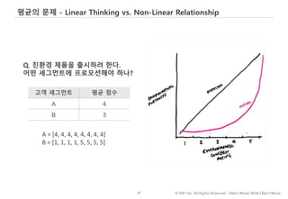 67 © IDK2 Inc. All Rights Reserved. I Don’t Know What I Don’t Know
평균의 문제 - Linear Thinking vs. Non-Linear Relationship
고객 세그먼트 평균 점수
A 4
B 3
A = [4, 4, 4, 4, 4, 4, 4, 4]
B = [1, 1, 1, 1, 5, 5, 5, 5]
Q. 친환경 제품을 출시하려 한다.
어떤 세그먼트에 프로모션해야 하나?
 