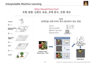 100 © IDK2 Inc. All Rights Reserved. I Don’t Know What I Don’t Know
Interpretable Machine Learning
Why I Should Trust You?
모형 설명: 신뢰도 상승, 규제 준수, 모형 개선
LIME
입력값을 교란시켜서 뭐가 중요한지 찾는 방법
Local
Interpretable
Model-Agnostic
Explanation
 