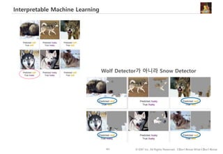 101 © IDK2 Inc. All Rights Reserved. I Don’t Know What I Don’t Know
Interpretable Machine Learning
Wolf Detector가 아니라 Snow Detector
 
