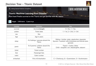 123 © IDK2 Inc. All Rights Reserved. I Don’t Know What I Don’t Know
Decision Tree – Titanic Dataset
Variable Definition Key
survival Survival (target) 0 = No, 1 = Yes
pclass Ticket class 1 = 1st, 2 = 2nd, 3 = 3rd
sex Sex
Age Age in years
sibsp
# of siblings / spouses aboard the
Titanic
Sibling = brother, sister, stepbrother, stepsister
Spouse = husband, wife (mistresses and fiancés were
ignored)
parch
# of parents / children aboard the
Titanic
Parent = mother, father
Child = daughter, son, stepdaughter, stepson
ticket Ticket number
fare Passenger fare
cabin Cabin number
embarked Port of Embarkation C = Cherbourg, Q = Queenstown, S = Southampton
강의 보조자료 참고
 