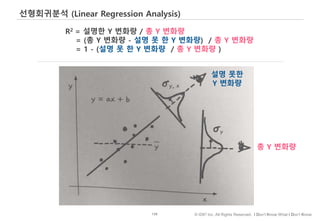 139 © IDK2 Inc. All Rights Reserved. I Don’t Know What I Don’t Know
선형회귀분석 (Linear Regression Analysis)
R2 = 설명한 Y 변화량 / 총 Y 변화량
= (총 Y 변화량 - 설명 못 한 Y 변화량) / 총 Y 변화량
= 1 - (설명 못 한 Y 변화량 / 총 Y 변화량 )
총 Y 변화량
설명 못한
Y 변화량
 