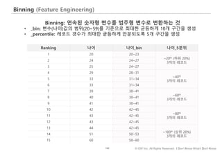 140 © IDK2 Inc. All Rights Reserved. I Don’t Know What I Don’t Know
Binning (Feature Engineering)
Ranking 나이 나이_bin 나이_5분위
1 20 20~23
~20th (하위 20%)
3개의 레코드
2 24 24~27
3 25 24~27
4 29 28~31
~40th
3개의 레코드
5 33 31~34
6 33 31~34
7 39 38~41
~60th
3개의 레코드
8 40 38~41
9 41 38~41
10 42 42~45
~80th
3개의 레코드
11 43 42~45
12 43 42~45
13 44 42~45
~100th (상위 20%)
3개의 레코드
14 51 50~53
15 60 58~60
Binning: 연속된 숫자형 변수를 범주형 변수로 변환하는 것
• _bin: 변수(나이)값의 범위(20~59)를 기준으로 최대한 균등하게 10개 구간을 생성
• _percentile: 레코드 갯수가 최대한 균등하게 안분되도록 5개 구간을 생성
 