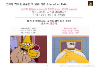 48 © IDK2 Inc. All Rights Reserved. I Don’t Know What I Don’t Know
숫자형 변수를 나누는 또 다른 기준: Interval vs. Ratio
Q. 나누거나(Ratio) 곱해도 말이 되는 것은?
온도 vs. 몸무게
Interval (구간 자료)
10도 + 10도 = 20도
20도 / 10도 = 2배?
Ratio (비율 자료)
50kg + 50kg = 100kg
100kg / 50kg = 2배?
절대적 원점(True Zero)이 있으면 Ratio, 없으면 Interval
시간 = 00:00 : 시간이 없다(빵시)?
나이 = 0살 : 나이가 없다(빵살)
 