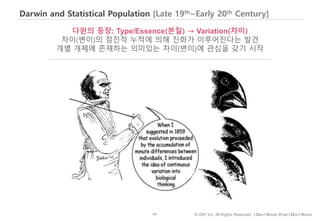 54 © IDK2 Inc. All Rights Reserved. I Don’t Know What I Don’t Know
Darwin and Statistical Population [Late 19th~Early 20th Century]
다윈의 등장: Type/Essence(본질) → Variation(차이)
차이(변이)의 점진적 누적에 의해 진화가 이루어진다는 발견
개별 개체에 존재하는 의미있는 차이(변이)에 관심을 갖기 시작
 