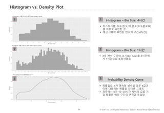 63 © IDK2 Inc. All Rights Reserved. I Don’t Know What I Don’t Know
Histogram vs. Density Plot
Probability Density Curve
Histogram – Bin Size: 1시간
Histogram – Bin Size: 4시간1
2
3
1
2
3
 히스토그램: 도수(빈도)의 분포[도수분포표]
를 차트로 표현한 것
 계급: X축에 표현된 변수의 구간[4시간]
 X축 변수 구간의 크기(Bin Size)를 4시간에
서 1시간으로 조정하였음
 확률밀도: X가 연속형 변수일 경우 X값과
이에 대응하는 확률을 나타낸 그래프
 좌측에서 X가 10~20시간 사이의 값을 가
질 확률은 해당 구간의 면적과 동일함
 