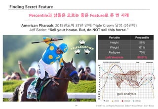 69 © IDK2 Inc. All Rights Reserved. I Don’t Know What I Don’t Know
Finding Secret Feature
Variable Percentile
Height 56%
Weight 61%
Pedigree 70%
Left Ventricle 99.61%
Percentile과 남들은 모르는 좋은 Feature로 돈 번 사례
gait analysis
American Pharoah: 2015년도에 37년 만에 Triple Crown 달성 (삼관마)
Jeff Seder: “Sell your house. But, do NOT sell this horse.”
 