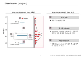 71 © IDK2 Inc. All Rights Reserved. I Don’t Know What I Don’t Know
Distribution (boxplot)
Box-and-whiskers plot (예시)
2천
4천
6천
8천
소
득
분
포
중앙값
Median
*IQR
1억
Outlier
 중앙값(median) 파악
최소값
(Lower whisker)
Box-and-whiskers plot 해석
대칭성 및 분포
특이값(Outlier)
최대값
(Upper whisker)
 *IQR(Inter Quartile Range)의 1.5배 이상
벗어나 있는 값들을 Outlier로 정의
 대칭성(symmetry): 최대값과 최소값까지
의 수염 길이 비교
중심 경향
Q1
Q3
1
2
3
1
2
3
2
3
 